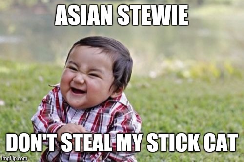 Evil Toddler Meme | ASIAN STEWIE DON'T STEAL MY STICK CAT | image tagged in memes,evil toddler | made w/ Imgflip meme maker