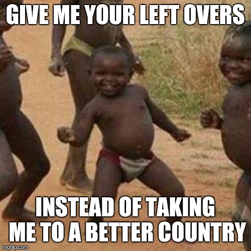 Third World Success Kid Meme | GIVE ME YOUR LEFT OVERS INSTEAD OF TAKING ME TO A BETTER COUNTRY | image tagged in memes,third world success kid | made w/ Imgflip meme maker
