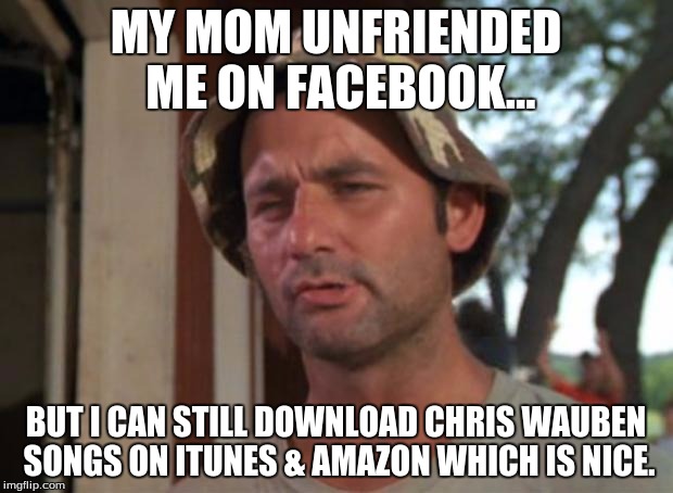 So I Got That Goin For Me Which Is Nice Meme | MY MOM UNFRIENDED ME ON FACEBOOK... BUT I CAN STILL DOWNLOAD CHRIS WAUBEN SONGS ON ITUNES & AMAZON WHICH IS NICE. | image tagged in memes,so i got that goin for me which is nice | made w/ Imgflip meme maker