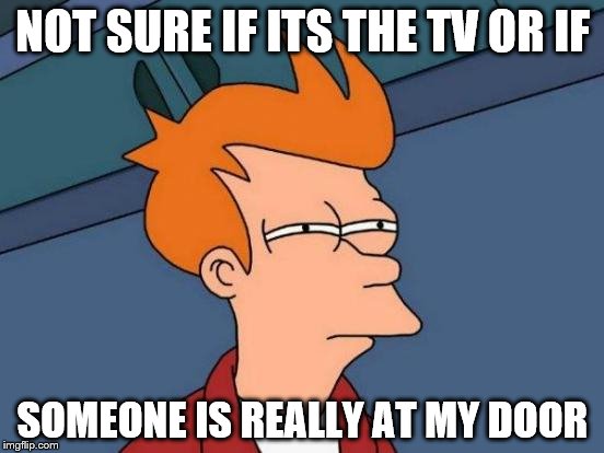 Futurama Fry Meme | NOT SURE IF ITS THE TV OR IF SOMEONE IS REALLY AT MY DOOR | image tagged in memes,futurama fry | made w/ Imgflip meme maker