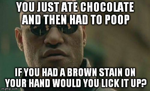 How Brave Are You? | YOU JUST ATE CHOCOLATE AND THEN HAD TO POOP IF YOU HAD A BROWN STAIN ON YOUR HAND WOULD YOU LICK IT UP? | image tagged in memes,matrix morpheus,funny | made w/ Imgflip meme maker