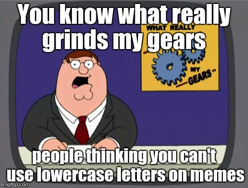 Lower case  | You know what really grinds my gears people thinking you can't use lowercase letters on memes | image tagged in memes,peter griffin news | made w/ Imgflip meme maker