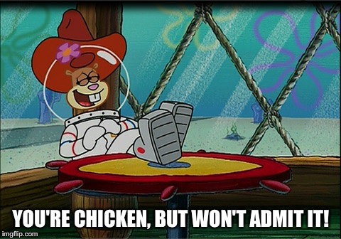 Sandy Cheeks - You're Chicken! | YOU'RE CHICKEN, BUT WON'T ADMIT IT! | image tagged in sandy cheeks,spongebob squarepants,laughing,squirrel,chicken,memes | made w/ Imgflip meme maker