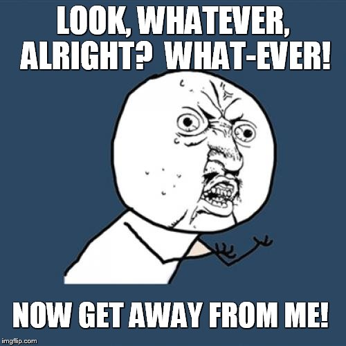 Y U No | LOOK, WHATEVER, ALRIGHT?  WHAT-EVER! NOW GET AWAY FROM ME! | image tagged in memes,y u no | made w/ Imgflip meme maker