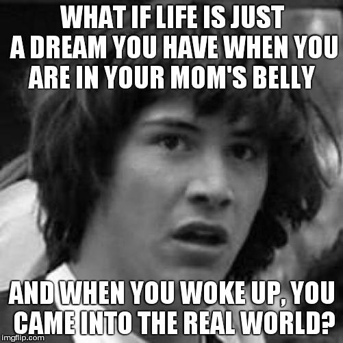 Conspiracy Keanu | WHAT IF LIFE IS JUST A DREAM YOU HAVE WHEN YOU ARE IN YOUR MOM'S BELLY AND WHEN YOU WOKE UP, YOU CAME INTO THE REAL WORLD? | image tagged in memes,conspiracy keanu | made w/ Imgflip meme maker