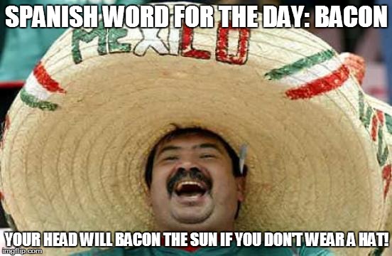 Happy Mexican | SPANISH WORD FOR THE DAY: BACON YOUR HEAD WILL BACON THE SUN IF YOU DON'T WEAR A HAT! | image tagged in happy mexican | made w/ Imgflip meme maker