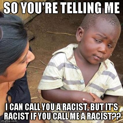 Third World Skeptical Kid Meme | SO YOU'RE TELLING ME I CAN CALL YOU A RACIST, BUT IT'S RACIST IF YOU CALL ME A RACIST?? | image tagged in memes,third world skeptical kid,racism,racist | made w/ Imgflip meme maker