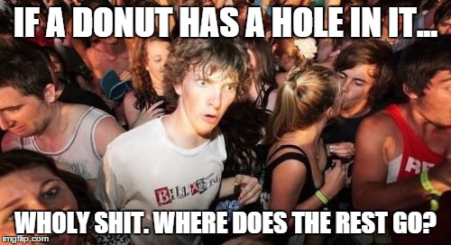 Sudden Clarity Clarence Meme | IF A DONUT HAS A HOLE IN IT... WHOLY SHIT. WHERE DOES THE REST GO? | image tagged in memes,sudden clarity clarence | made w/ Imgflip meme maker