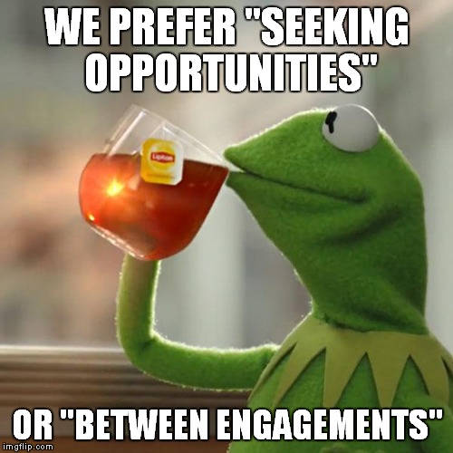 But That's None Of My Business Meme | WE PREFER "SEEKING OPPORTUNITIES" OR "BETWEEN ENGAGEMENTS" | image tagged in memes,but thats none of my business,kermit the frog | made w/ Imgflip meme maker