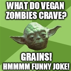 Game Grumps Yoda! | WHAT DO VEGAN ZOMBIES CRAVE? HMMMM FUNNY JOKE! GRAINS! | image tagged in memes,advice yoda | made w/ Imgflip meme maker