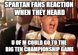 Good Fellas Hilarious Meme | SPARTAN FANS REACTION WHEN THEY HEARD U OF M COULD GO TO THE BIG TEN CHAMPIONSHIP GAME | image tagged in ray liotta | made w/ Imgflip meme maker