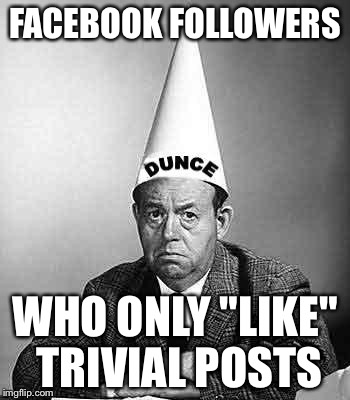 Dunce | FACEBOOK FOLLOWERS WHO ONLY "LIKE" TRIVIAL POSTS | image tagged in dunce | made w/ Imgflip meme maker
