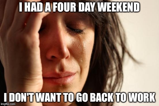 First World Problems | I HAD A FOUR DAY WEEKEND I DON'T WANT TO GO BACK TO WORK | image tagged in memes,first world problems | made w/ Imgflip meme maker