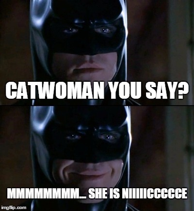 Batman Smiles | CATWOMAN YOU SAY? MMMMMMMM... SHE IS NIIIIICCCCCE | image tagged in memes,batman smiles | made w/ Imgflip meme maker