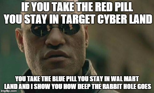 Matrix Morpheus | IF YOU TAKE THE RED PILL YOU STAY IN TARGET CYBER LAND YOU TAKE THE BLUE PILL YOU STAY IN WAL MART LAND AND I SHOW YOU HOW DEEP THE RABBIT H | image tagged in memes,matrix morpheus | made w/ Imgflip meme maker