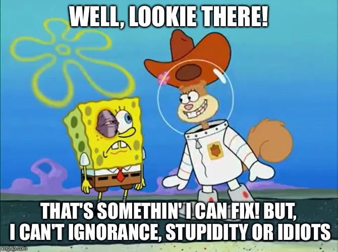 Sandy Cheeks - Well, Lookie There! | WELL, LOOKIE THERE! THAT'S SOMETHIN' I CAN FIX! BUT, I CAN'T IGNORANCE, STUPIDITY OR IDIOTS | image tagged in sandy cheeks look at yer eye,spongebob squarepants,sandy cheeks,funny,cowboy hat,memes | made w/ Imgflip meme maker