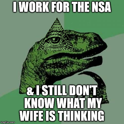 Philosoraptor Meme | I WORK FOR THE NSA & I STILL DON'T KNOW WHAT MY WIFE IS THINKING | image tagged in memes,philosoraptor | made w/ Imgflip meme maker
