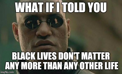 Matrix Morpheus | WHAT IF I TOLD YOU BLACK LIVES DON'T MATTER ANY MORE THAN ANY OTHER LIFE | image tagged in memes,matrix morpheus | made w/ Imgflip meme maker