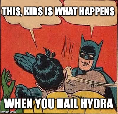 Batman Slapping Robin Meme | THIS, KIDS IS WHAT HAPPENS WHEN YOU HAIL HYDRA | image tagged in memes,batman slapping robin,hail hydra,kids,funny | made w/ Imgflip meme maker
