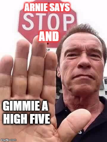 arnie stop | ARNIE SAYS GIMMIE A HIGH FIVE AND | image tagged in arnie stop | made w/ Imgflip meme maker