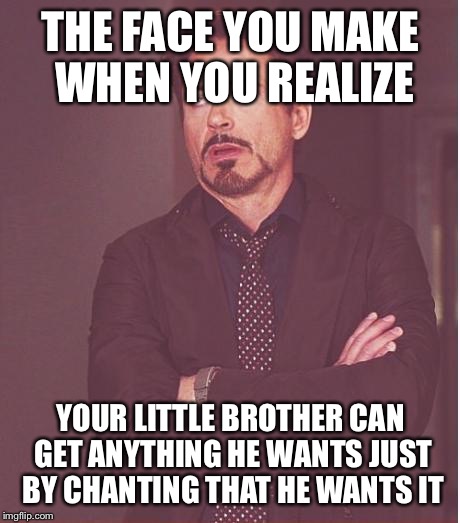 Face You Make Robert Downey Jr Meme | THE FACE YOU MAKE WHEN YOU REALIZE YOUR LITTLE BROTHER CAN GET ANYTHING HE WANTS JUST BY CHANTING THAT HE WANTS IT | image tagged in memes,face you make robert downey jr | made w/ Imgflip meme maker