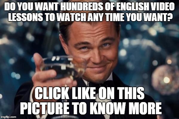 Leonardo Dicaprio Cheers | DO YOU WANT HUNDREDS OF ENGLISH VIDEO LESSONS TO WATCH ANY TIME YOU WANT? CLICK LIKE ON THIS PICTURE TO KNOW MORE | image tagged in leonardo dicaprio cheers | made w/ Imgflip meme maker