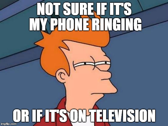 Futurama Fry | NOT SURE IF IT'S MY PHONE RINGING OR IF IT'S ON TELEVISION | image tagged in memes,futurama fry | made w/ Imgflip meme maker