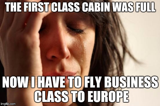 First World Problems | THE FIRST CLASS CABIN WAS FULL NOW I HAVE TO FLY BUSINESS CLASS TO EUROPE | image tagged in memes,first world problems | made w/ Imgflip meme maker