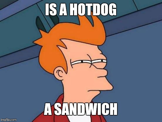 Futurama Fry Meme | IS A HOTDOG A SANDWICH | image tagged in memes,futurama fry | made w/ Imgflip meme maker