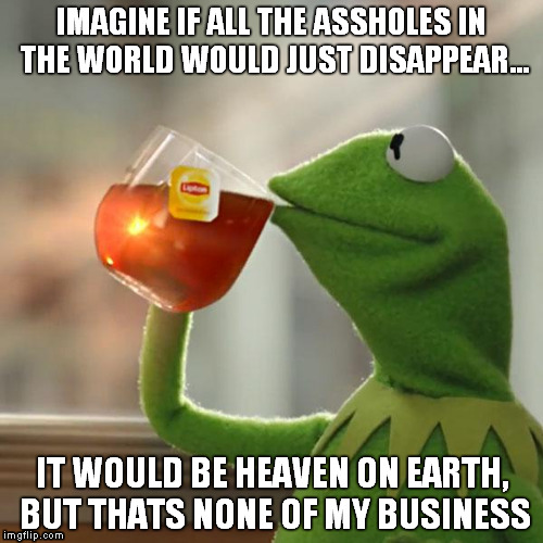 But Thats None Of My Business | IMAGINE IF ALL THE ASSHOLES IN THE WORLD WOULD JUST DISAPPEAR... IT WOULD BE HEAVEN ON EARTH, BUT THATS NONE OF MY BUSINESS | image tagged in memes,but thats none of my business,kermit the frog,kermit,world peace,heaven | made w/ Imgflip meme maker