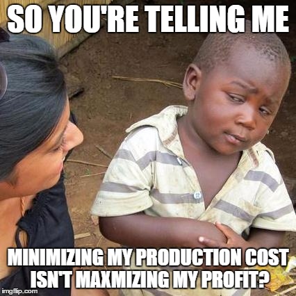 Third World Skeptical Kid | SO YOU'RE TELLING ME MINIMIZING MY PRODUCTION COST ISN'T MAXMIZING MY PROFIT? | image tagged in memes,third world skeptical kid | made w/ Imgflip meme maker