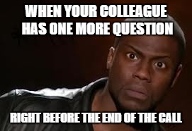 Kevin Hart Meme | WHEN YOUR COLLEAGUE HAS ONE MORE QUESTION RIGHT BEFORE THE END OF THE CALL | image tagged in memes,kevin hart the hell | made w/ Imgflip meme maker