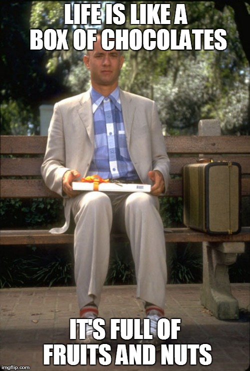 LIFE IS LIKE A BOX OF CHOCOLATES IT'S FULL OF FRUITS AND NUTS | image tagged in forrest | made w/ Imgflip meme maker