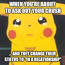 pikachu | WHEN YOU'RE ABOUT TO ASK OUT YOUR CRUSH ... AND THEY CHANGE THEIR STATUS TO “IN A RELATIONSHIP" | image tagged in pikachu | made w/ Imgflip meme maker