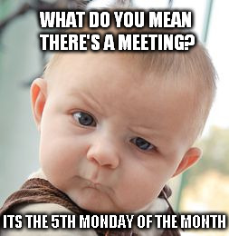Skeptical Baby | WHAT DO YOU MEAN THERE'S A MEETING? ITS THE 5TH MONDAY OF THE MONTH | image tagged in memes,skeptical baby | made w/ Imgflip meme maker