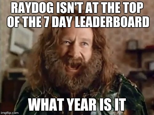 What Year Is It Meme | RAYDOG ISN'T AT THE TOP OF THE 7 DAY LEADERBOARD WHAT YEAR IS IT | image tagged in memes,what year is it | made w/ Imgflip meme maker