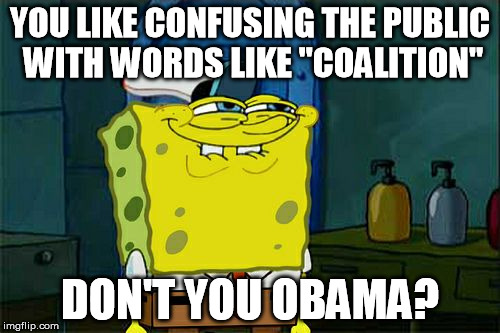 Oh I forgot, he likes to be called POTUS now... | YOU LIKE CONFUSING THE PUBLIC WITH WORDS LIKE "COALITION" DON'T YOU OBAMA? | image tagged in memes,dont you squidward,politics are retarded | made w/ Imgflip meme maker