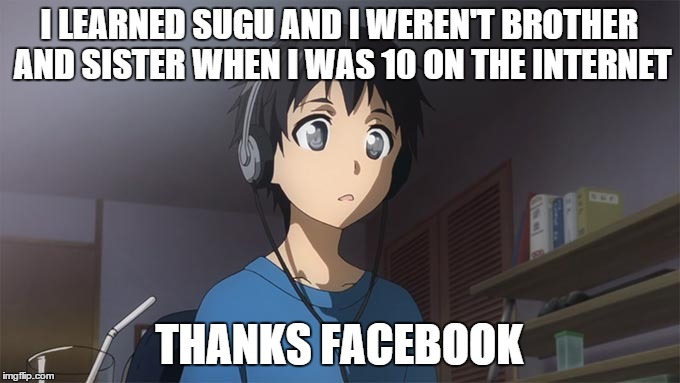 I LEARNED SUGU AND I WEREN'T BROTHER AND SISTER WHEN I WAS 10 ON THE INTERNET THANKS FACEBOOK | image tagged in memes,anime,sword art online | made w/ Imgflip meme maker