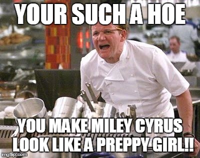 Gordon Ramsey meme | YOUR SUCH A HOE YOU MAKE MILEY CYRUS  LOOK LIKE A PREPPY GIRL!! | image tagged in gordon ramsey meme | made w/ Imgflip meme maker
