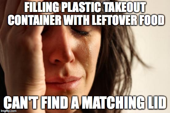 First World Problems Meme | FILLING PLASTIC TAKEOUT CONTAINER WITH LEFTOVER FOOD CAN'T FIND A MATCHING LID | image tagged in memes,first world problems | made w/ Imgflip meme maker