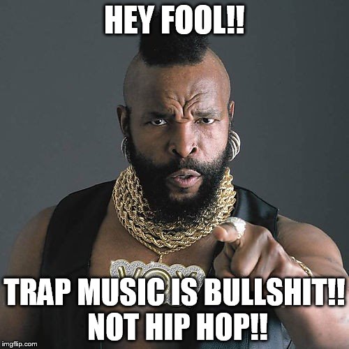 Mr T Pity The Fool | HEY FOOL!! TRAP MUSIC IS BULLSHIT!! NOT HIP HOP!! | image tagged in memes,mr t pity the fool | made w/ Imgflip meme maker