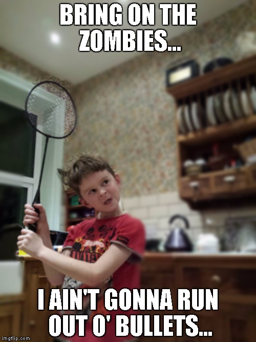 zombie apocalypse | BRING ON THE ZOMBIES... I AIN'T GONNA RUN OUT O' BULLETS... | image tagged in zombies,spongebob apocalypse,apocalype,bat,attack,brave | made w/ Imgflip meme maker