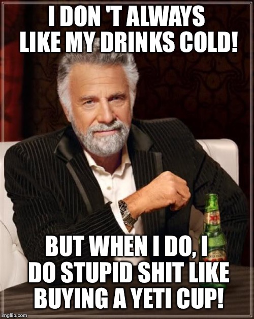 The Most Interesting Man In The World | I DON 'T ALWAYS LIKE MY DRINKS COLD! BUT WHEN I DO, I DO STUPID SHIT LIKE BUYING A YETI CUP! | image tagged in memes,the most interesting man in the world | made w/ Imgflip meme maker