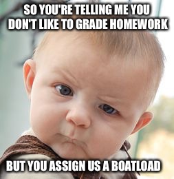 I Don't Understand Teachers | SO YOU'RE TELLING ME YOU DON'T LIKE TO GRADE HOMEWORK BUT YOU ASSIGN US A BOATLOAD | image tagged in memes,skeptical baby,homework,funny,unhelpful teacher,really | made w/ Imgflip meme maker