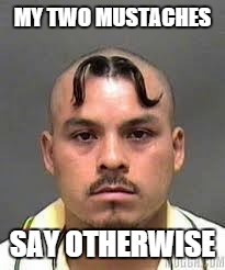 mustache forhead | MY TWO MUSTACHES SAY OTHERWISE | image tagged in mustache forhead | made w/ Imgflip meme maker