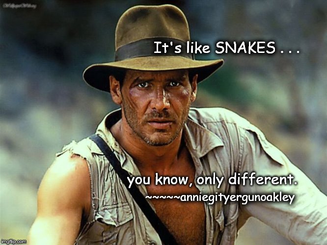 Indiana Jones | It's like SNAKES . . . ~~~~~anniegityergunoakley you know, only different. | image tagged in harrison ford,indiana,snakes,memes | made w/ Imgflip meme maker