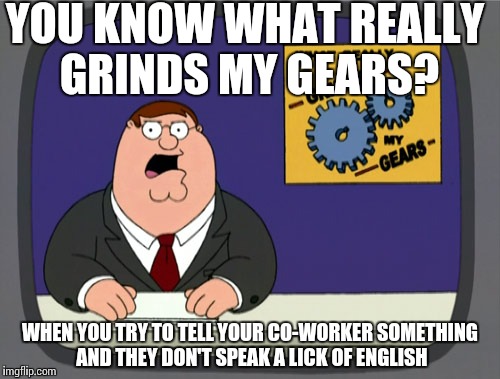 To ask those people who work and live in a foreign country.... learn your host countries language!!! | YOU KNOW WHAT REALLY GRINDS MY GEARS? WHEN YOU TRY TO TELL YOUR CO-WORKER SOMETHING AND THEY DON'T SPEAK A LICK OF ENGLISH | image tagged in memes,peter griffin news | made w/ Imgflip meme maker