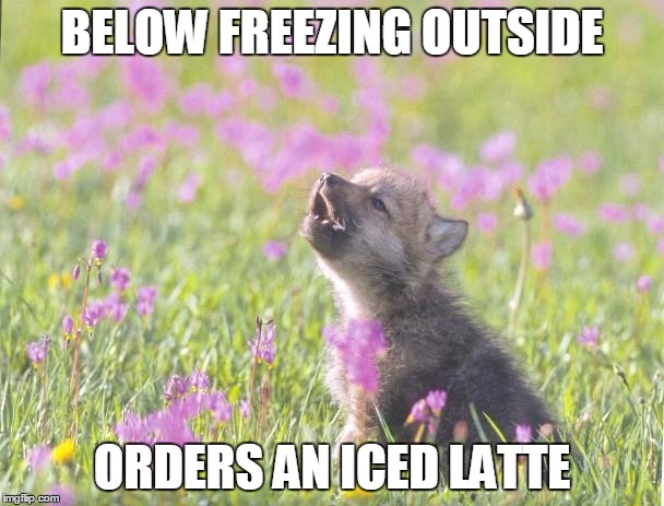 Baby Insanity Wolf Meme | BELOW FREEZING OUTSIDE ORDERS AN ICED LATTE | image tagged in memes,baby insanity wolf,AdviceAnimals | made w/ Imgflip meme maker
