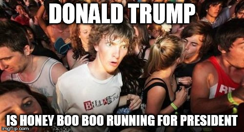 Sudden Clarity Clarence Meme | DONALD TRUMP IS HONEY BOO BOO RUNNING FOR PRESIDENT | image tagged in memes,sudden clarity clarence | made w/ Imgflip meme maker