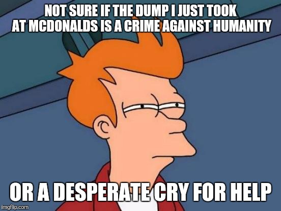 Futurama Fry | NOT SURE IF THE DUMP I JUST TOOK AT MCDONALDS IS A CRIME AGAINST HUMANITY OR A DESPERATE CRY FOR HELP | image tagged in memes,futurama fry | made w/ Imgflip meme maker